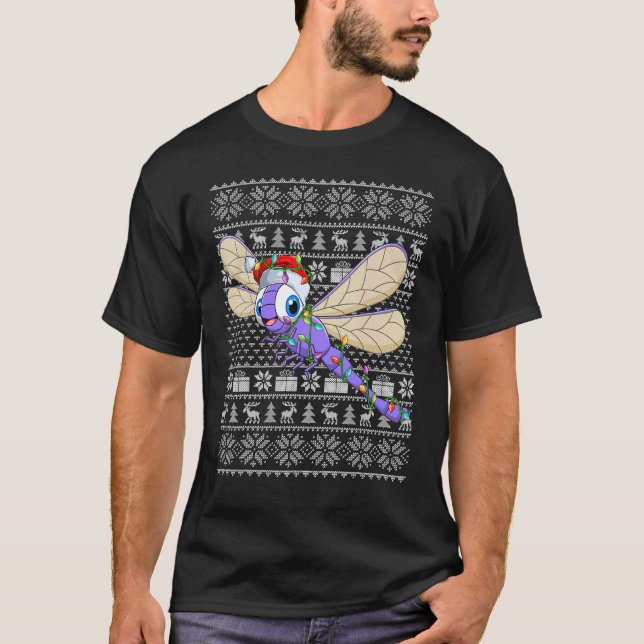 Ugly Sweater Style Xmas Lights Santa Dragonfly Chr T-Shirt (Vorderseite)