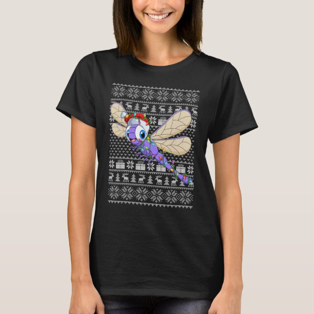 Ugly Sweater Style Xmas Lights Santa Dragonfly Chr T-Shirt (Vorderseite)