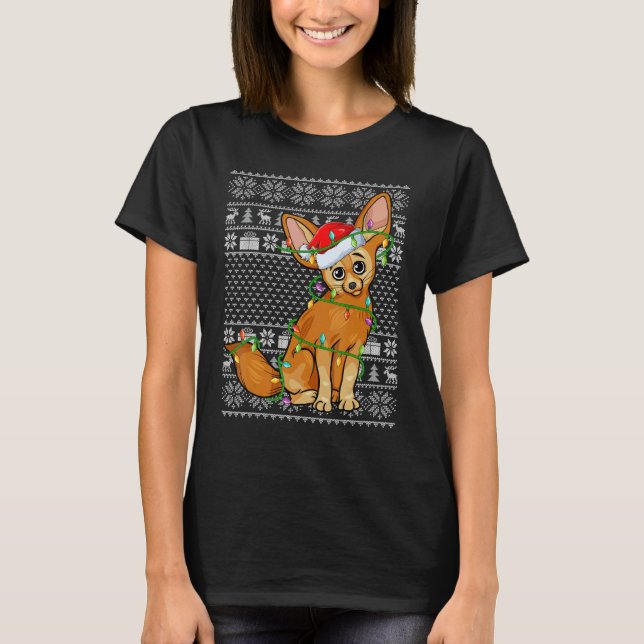 Ugly Sweater Style Xmas Lights Santa Fennec Fox Ch T-Shirt (Vorderseite)