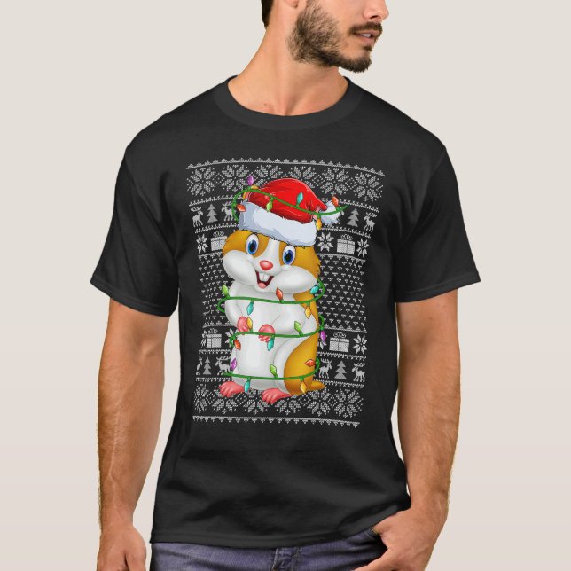 Ugly Sweater Style Xmas Lights Santa Hamster Chris T-Shirt (Vorderseite)