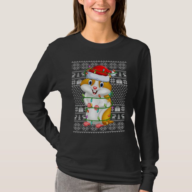Ugly Sweater Style Xmas Lights Santa Hamster Chris T-Shirt (Vorderseite)