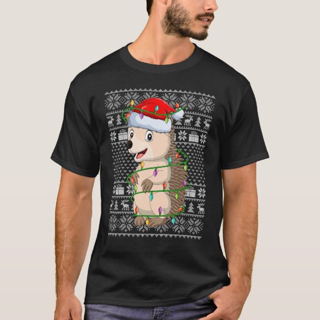 Ugly Sweater Style Xmas Lights Santa Hedgehog Chri T-Shirt (Vorderseite)