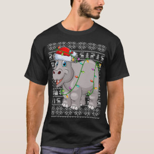 Ugly Sweater Style Xmas Lights Santa Hippopotamus T-Shirt