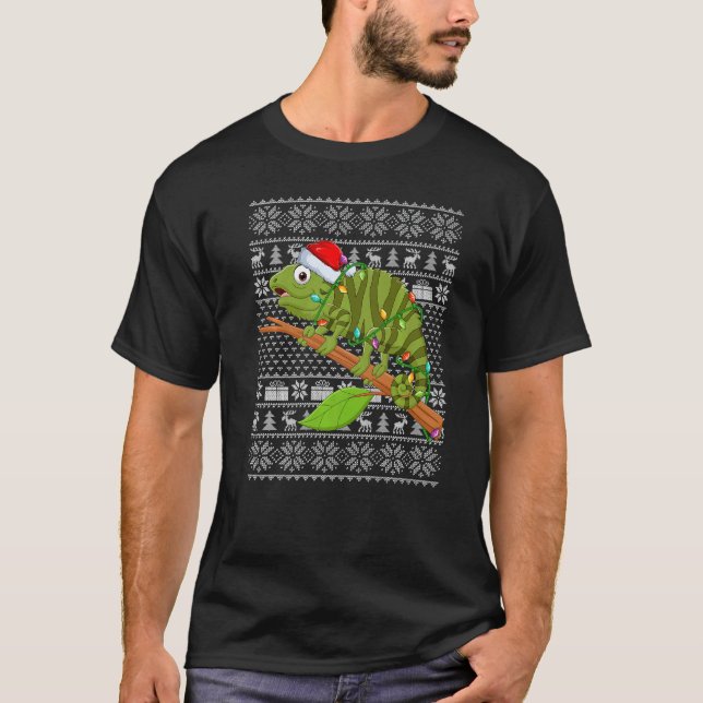 Ugly Sweater Style Xmas Lights Santa Iguana Christ T-Shirt (Vorderseite)