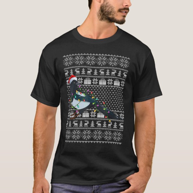 Ugly Sweater Style Xmas Lights Santa Magpie Bird C T-Shirt (Vorderseite)