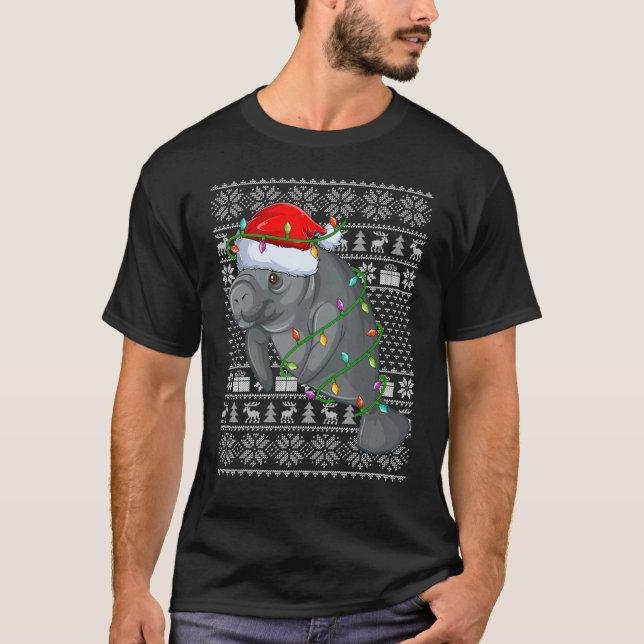 Ugly Sweater Style Xmas Lights Santa Manatee Chris T-Shirt (Vorderseite)