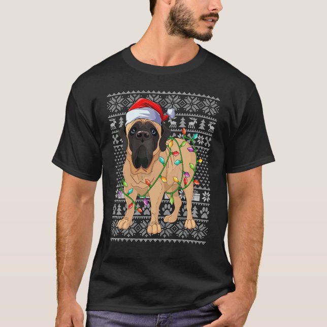Ugly Sweater Style Xmas Lights Santa Mastiff Dog C T-Shirt (Vorderseite)