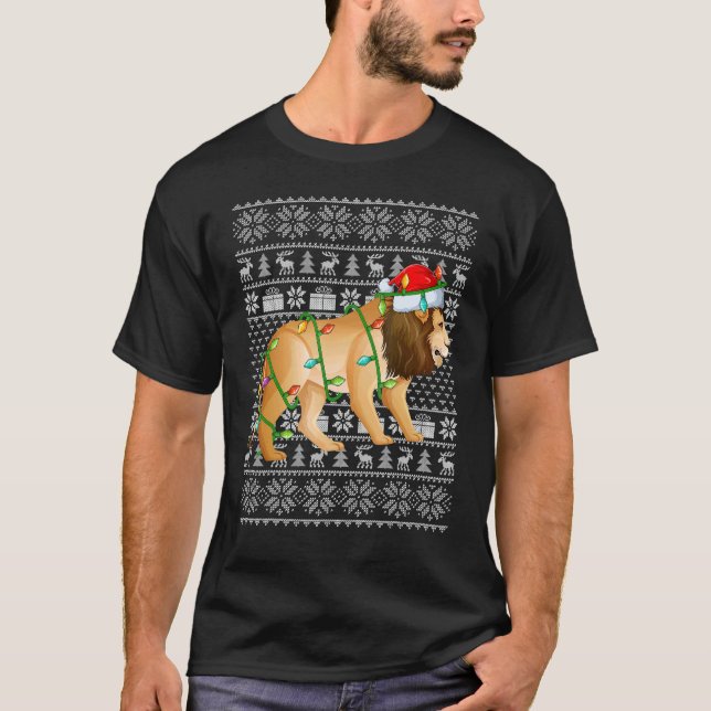 Ugly Sweater Style Xmas Lights Santa Mountain Lion T-Shirt (Vorderseite)