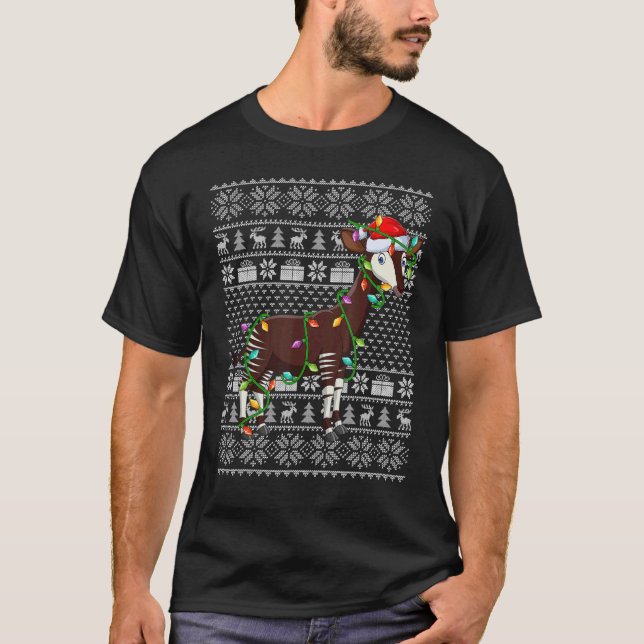 Ugly Sweater Style Xmas Lights Santa Okapi Christm T-Shirt (Vorderseite)
