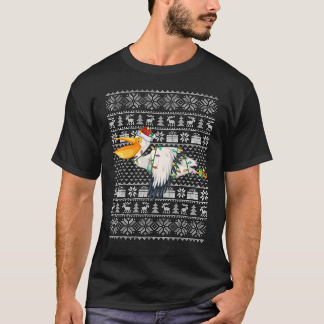 Ugly Sweater Style Xmas Lights Santa Pelican Bird  T-Shirt (Vorderseite)