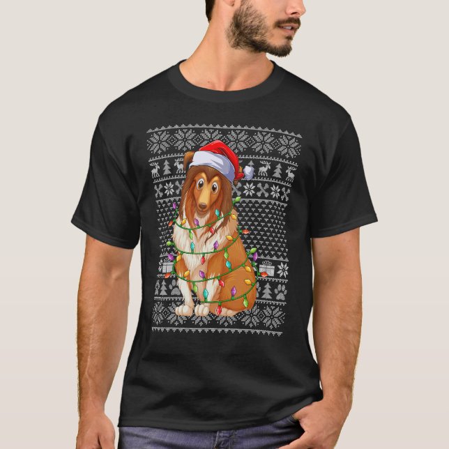Ugly Sweater Style Xmas Lights Santa Sheepdog Chri T-Shirt (Vorderseite)