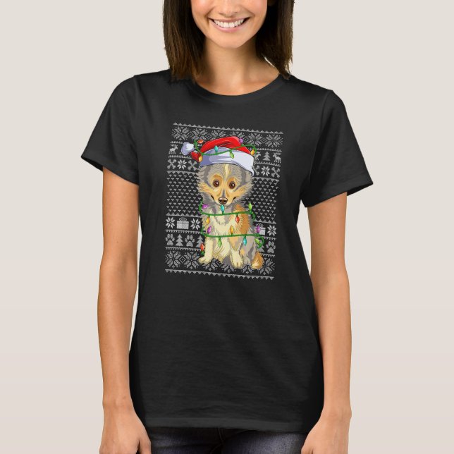 Ugly Sweater Style Xmas Lights Santa Sheltie Dog C T-Shirt (Vorderseite)