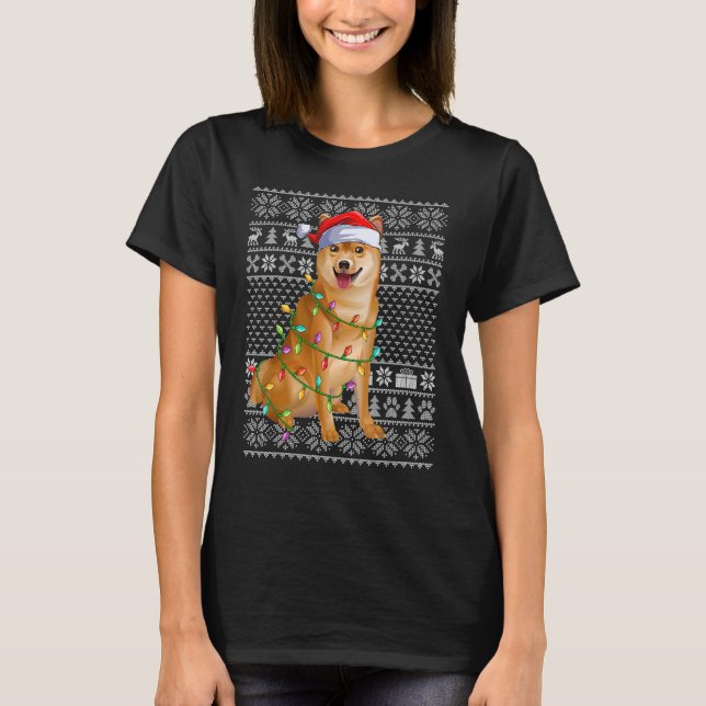Ugly Sweater Style Xmas Lights Santa Shiba Inu Dog T-Shirt (Vorderseite)