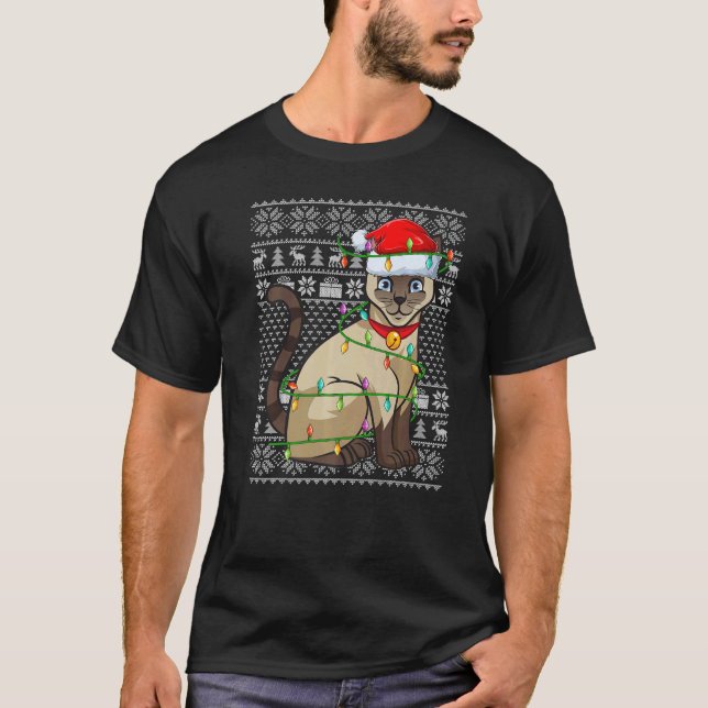 Ugly Sweater Style Xmas Lights Santa Siamese Cat C T-Shirt (Vorderseite)