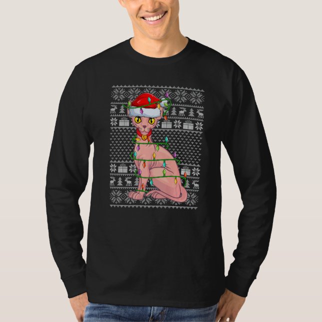 Ugly Sweater Style Xmas Lights Santa Sphynx Cat Ch T-Shirt (Vorderseite)