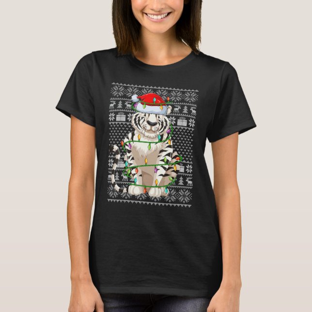 Ugly Sweater Style Xmas Lights Santa White Tiger C T-Shirt (Vorderseite)