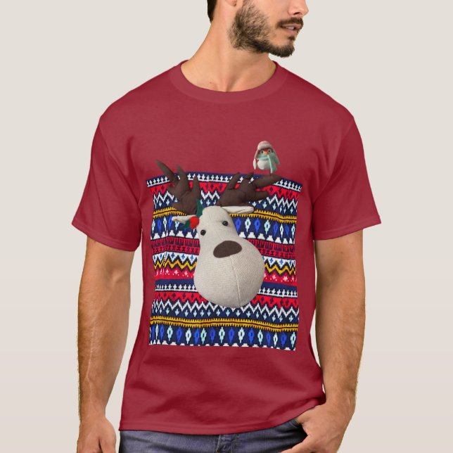Ugly Sweater T - Shirt Rentier und Vogel lustiges  (Vorderseite)