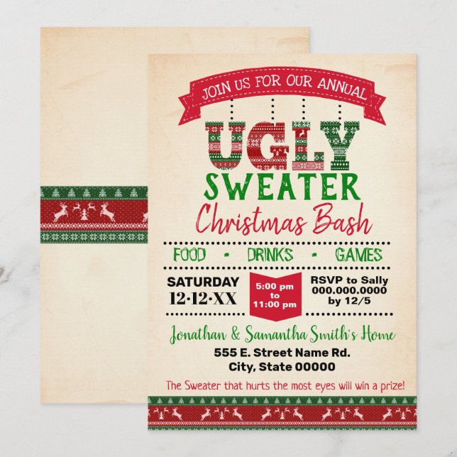 Ugly Sweater Weihnachtsbash jährliches Party Einladung (Vorne/Hinten)