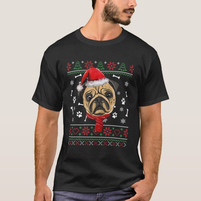 Ugly Sweater Weihnachtsbaum Mops Dog Weihnachtsman T-Shirt (Vorderseite)