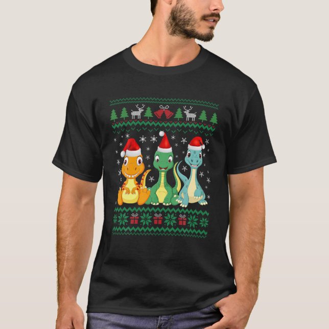 Ugly Sweater Weihnachtsmannmütze Weihnachten Dinos T-Shirt (Vorderseite)