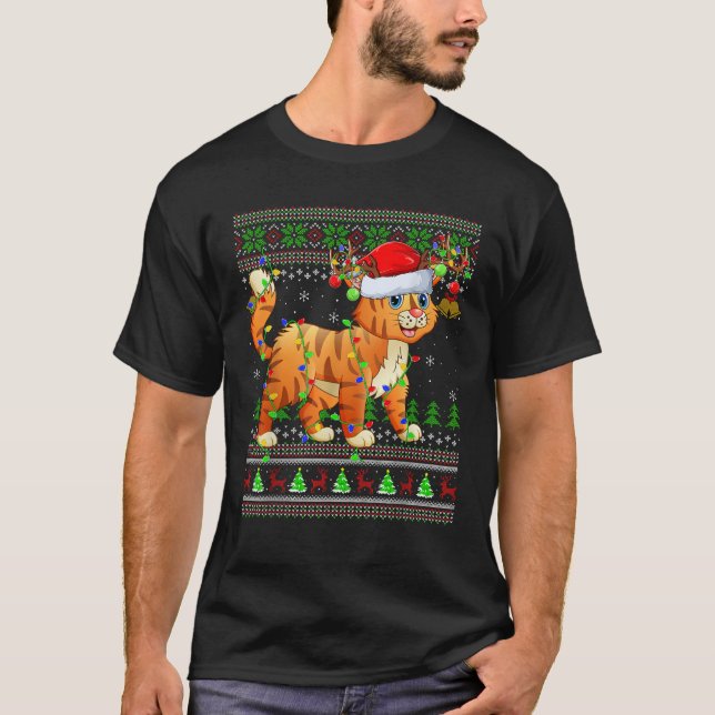 Ugly Sweater Xmas Lights Weihnachtsmannmütze Bobca T-Shirt (Vorderseite)