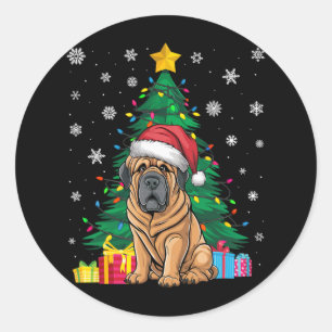 Ugly Sweater Xmas Tree Lights Tibetan Mastiff Dog Runder Aufkleber