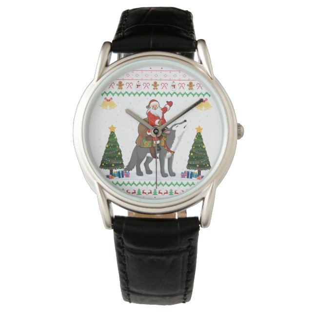 Ugly Wolf Xmas Geschenk Santa Riding Wolf Weihnach Armbanduhr (Vorderseite)