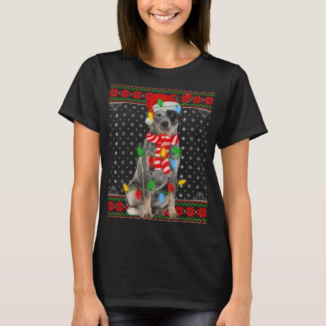 Ugly Xmas Dog Lights Santa Hat Blue Heeler Dog Chr T-Shirt (Vorderseite)