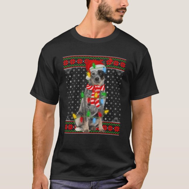 Ugly Xmas Dog Lights Weihnachtsmannmütze Blue Heel T-Shirt (Vorderseite)