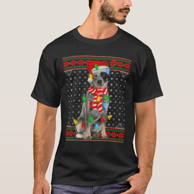 Ugly Xmas Dog Lights Weihnachtsmannmütze Blue Heel T-Shirt (Vorderseite)