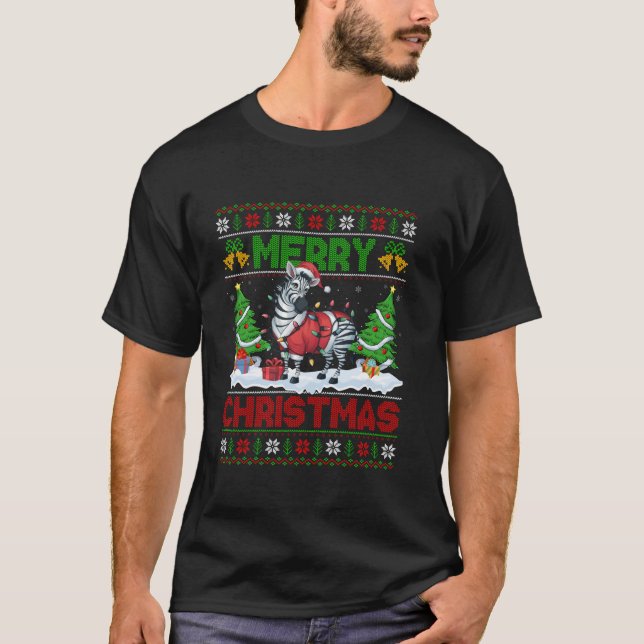 Ugly Xmas Lighting Santa Zebra Frohe Weihnachten T T-Shirt (Vorderseite)