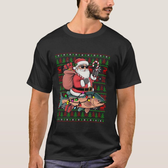 Ugly Xmas Lights Funny Santa Ride Lachs Fisch Ch T-Shirt (Vorderseite)