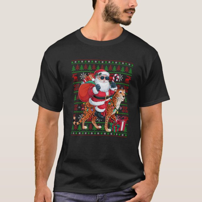Ugly Xmas Lights Funny Santa Riding Cheetah Christ T-Shirt (Vorderseite)