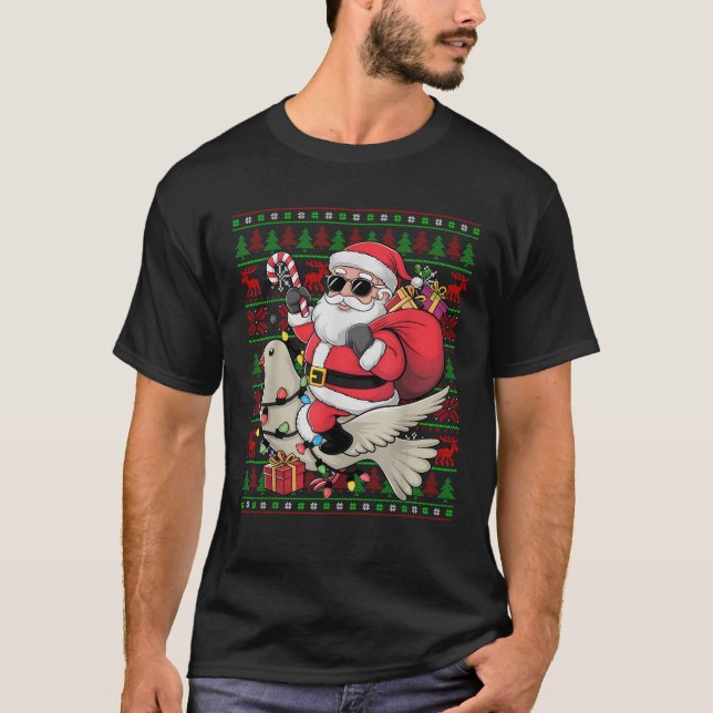 Ugly Xmas Lights Funny Santa Riding Dove Bird Chri T-Shirt (Vorderseite)