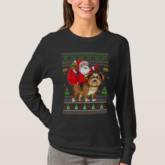 Ugly Xmas Santa Riding Bulldog Christmas T-Shirt (Vorderseite)