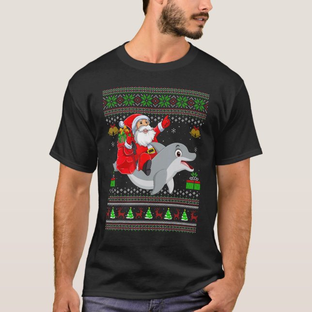 Ugly Xmas Santa Riding Dolphin Fish Christmas T-Shirt (Vorderseite)