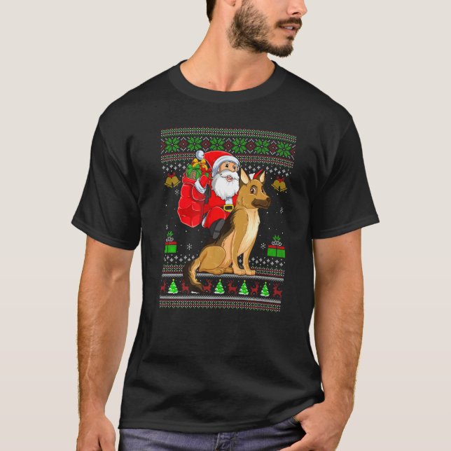 Ugly Xmas Santa Riding German Shepherd Dog Christm T-Shirt (Vorderseite)