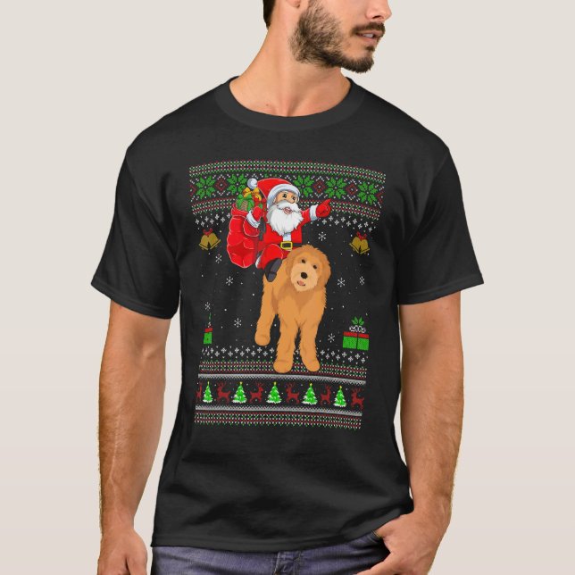 Ugly Xmas Santa Riding Goldendoodle Dog Christmas T-Shirt (Vorderseite)