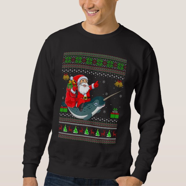 Ugly Xmas Santa Riding Narwhal Christmas Sweatshirt (Vorderseite)