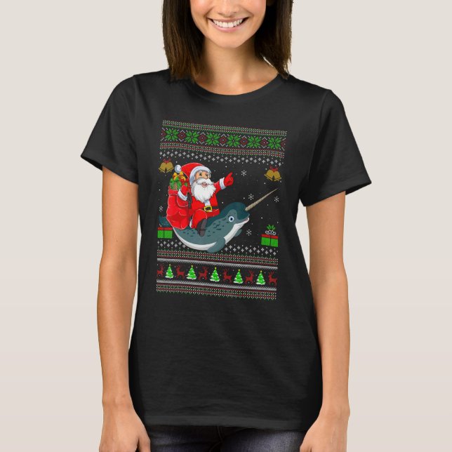 Ugly Xmas Santa Riding Narwhal Christmas T-Shirt (Vorderseite)