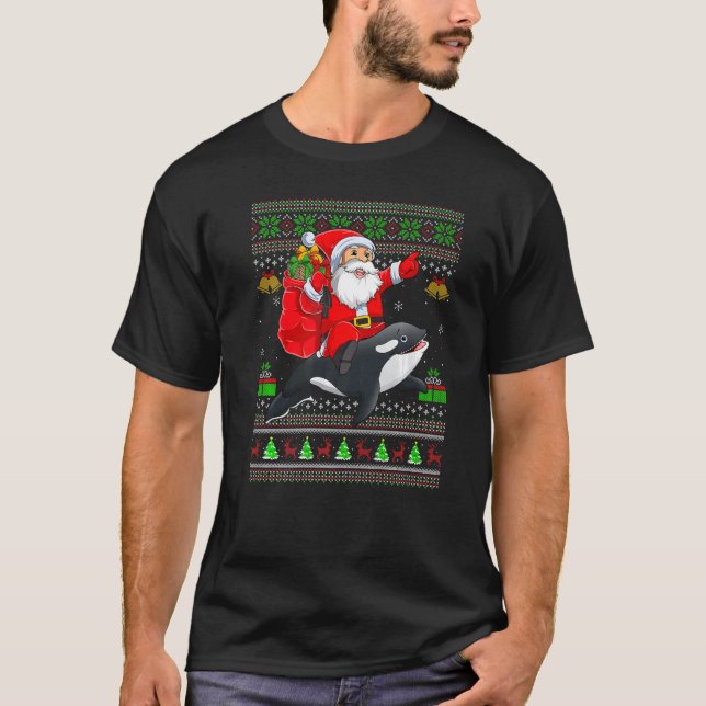 Ugly Xmas Santa Riding Orca Fish Christmas T-Shirt (Vorderseite)