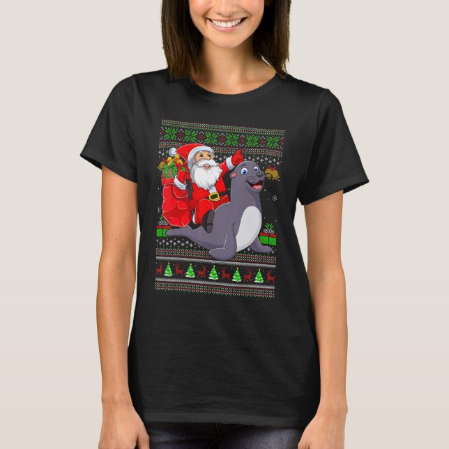 Ugly Xmas Santa Riding Seals Christmas T-Shirt (Vorderseite)