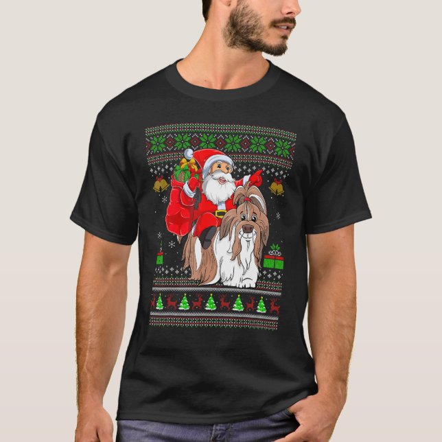 Ugly Xmas Santa Riding Shih Tzu Dog Christmas T-Shirt (Vorderseite)