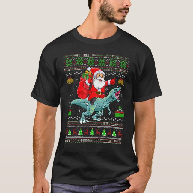 Ugly Xmas Santa Riding Tyrannosaurus Dinosaur Chri T-Shirt (Vorderseite)