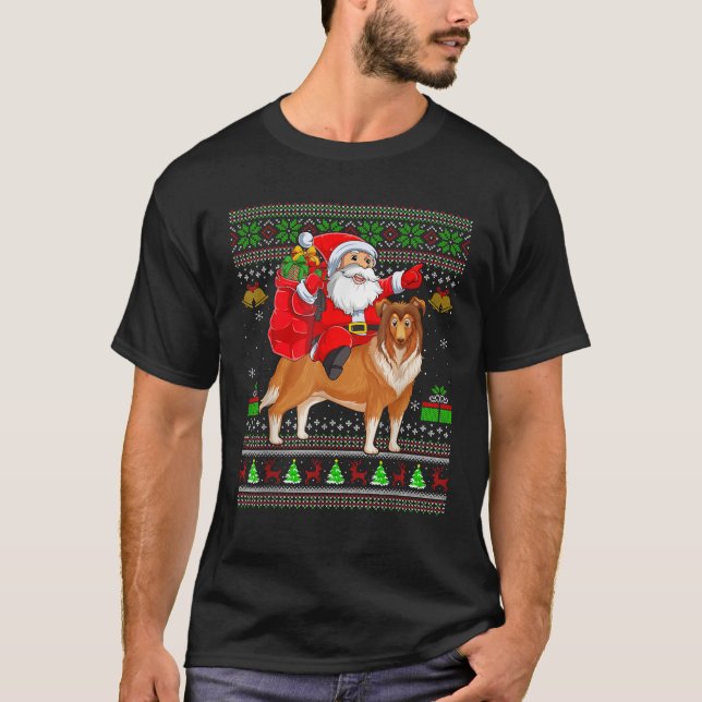 Ugly Xmas Sweater Funny Santa Riding Collie Dog Ch T-Shirt (Vorderseite)