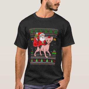 Ugly Xmas Sweater Funny Santa Riding Sphynx Cat Ch T-Shirt