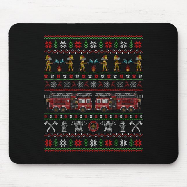 Ugly Xmas Sweater Style Fire Truck Firefighter Chr Mousepad (Vorne)