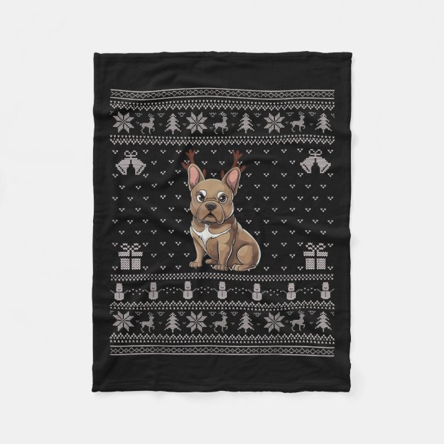 Ugly Xmas Sweater Style Frenchie Dog Reindeer Chri Fleecedecke (Vorderseite)