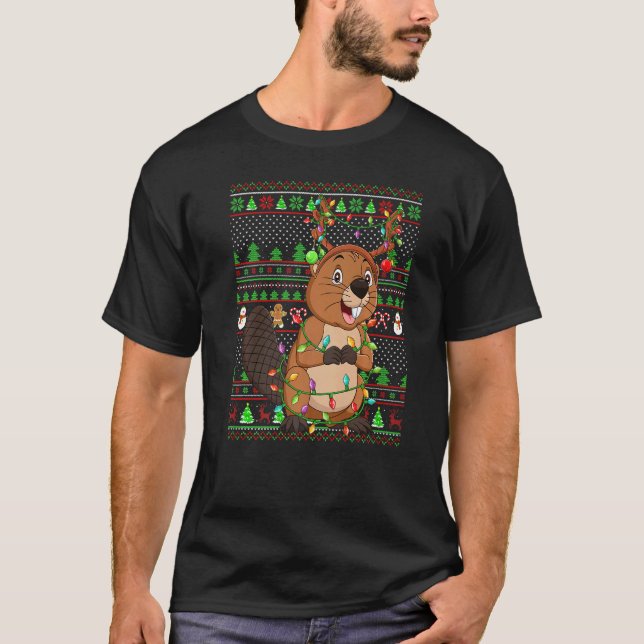 Ugly Xmas Sweater Style Lighting Beaver Christmas  T-Shirt (Vorderseite)