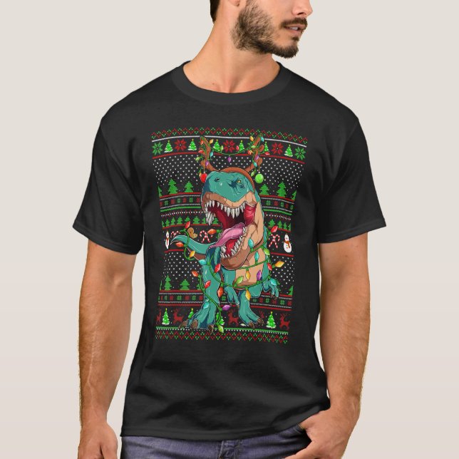 Ugly Xmas Sweater Style Lighting Dinosaur Christma T-Shirt (Vorderseite)